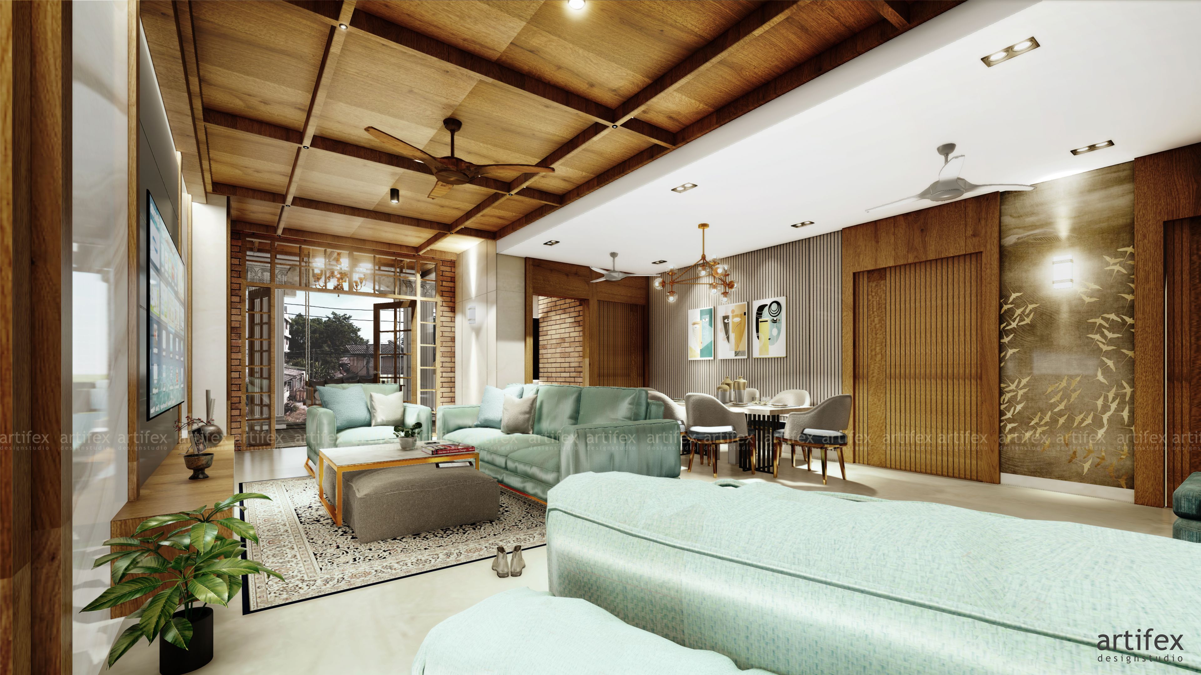 Indian Contemporary Living Cum Dining Space with Wooden Ceiling